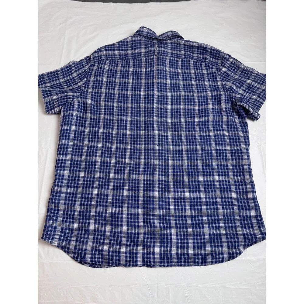 Banana Republic Mens XL Blue‎ Plaid 100% Linen Short Sleeve Shirt Camden Fit